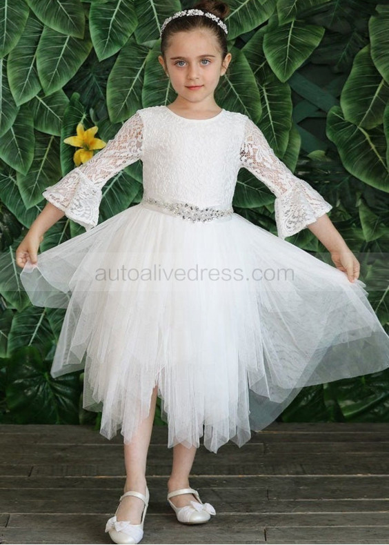 Bell Sleeves Ivory Uneven Skirt Flower Girl Dress